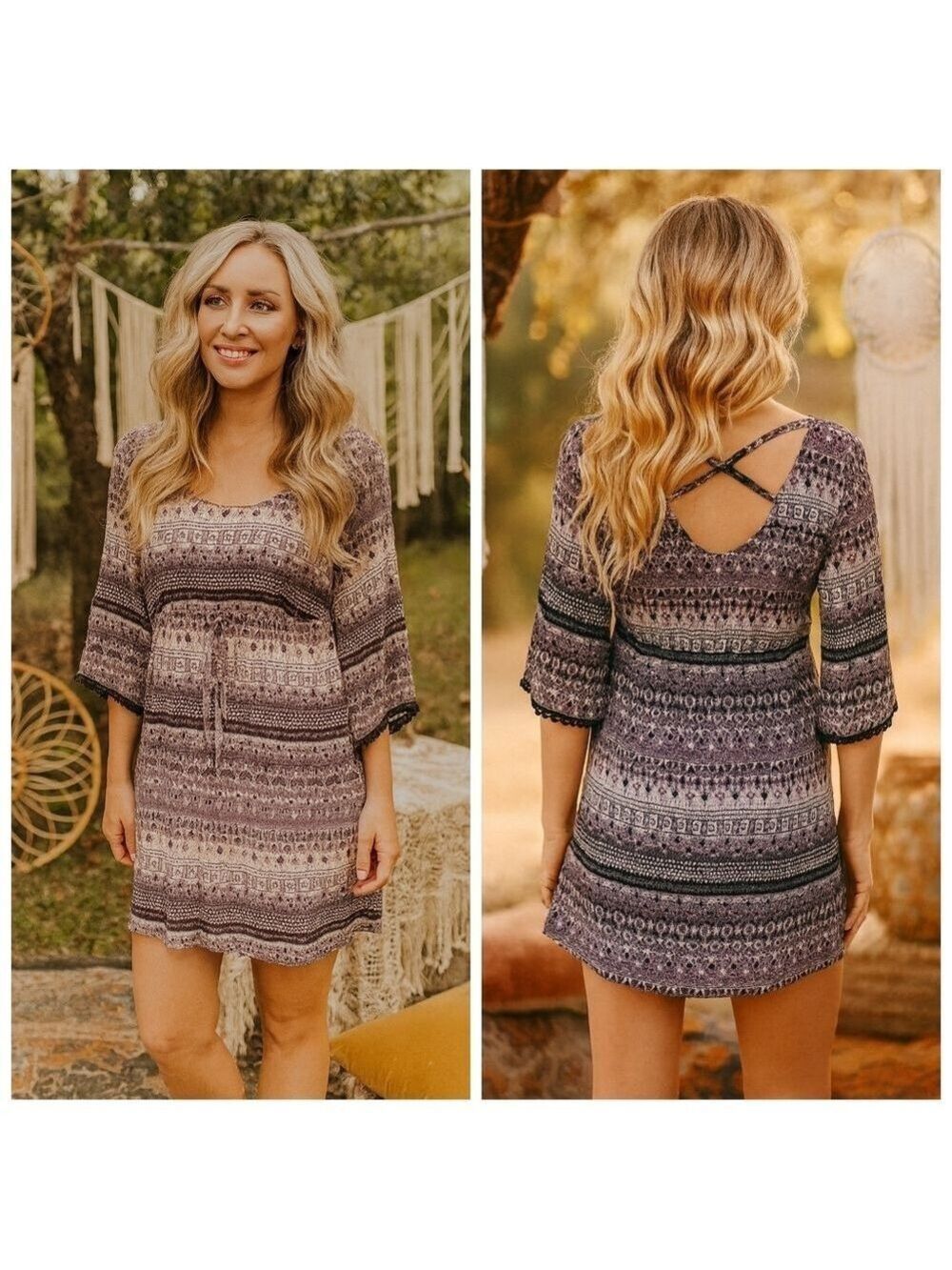 Y2K Boho Mini Dress Women’s Small Purple Black White Print